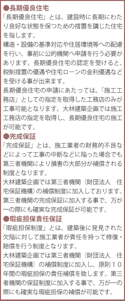 ●長期優良住宅<br />
「長期優良住宅」とは、建設時に長期にわたり良好な状態を保つための措置を講じた住宅を指します。
構造・設備の基準対応や住居環境等への配慮を行い、事前に公的機関へ申請を行う必要があります。長期優良住宅の認定を受けると、税制措置の優遇や住宅ローンの金利優遇などを受ける事が出来ます。
長期優良住宅の申請にあたっては、「施工工務店」としての指定を取得した工務店のみが工事可能となります。大林建築企画では施工工務店の指定を取得し、長期優良住宅の施工が可能です。<br />
●完成保証<br />
「完成保証」とは、施工業者の財務的不良などによって工事の中断などに陥った場合でも第三者機関により損害の大部分が補償される制度となります。
大林建築企画では第三者機関（財団法人　住宅保証機構）の補償制度に加入しております。第三者機関の完成保証に加入する事で、万が一の際にも確実な完成保証が可能です。
<br />
●瑕疵担保責任保証<br />
「瑕疵担保制度」とは、建築後に発見された欠陥に対して施工業者が責任を持って修復・賠償を行う制度となります。
大林建築企画では第三者機関（財団法人　住宅保証機構）の補償制度に加入し、原則１０年間の瑕疵担保の責任補償を致します。第三者機関の保証制度に加入する事で、万が一の際にも確実な瑕疵担保の補償が可能です。
